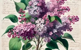 A widescreen vintage botanical illustration of a lilac, with detailed clusters of blooms and heart-shaped leaves, in the style of 18th and 19th-century botanical books. Include fine textures of petals and leaves, showing colors from light purple to deep violet. Add handwritten notes around the illustration, detailing the medicinal properties of lilac, such as its use in traditional remedies for fever and parasitic infections. The background should be simple to highlight the lilac and notes.