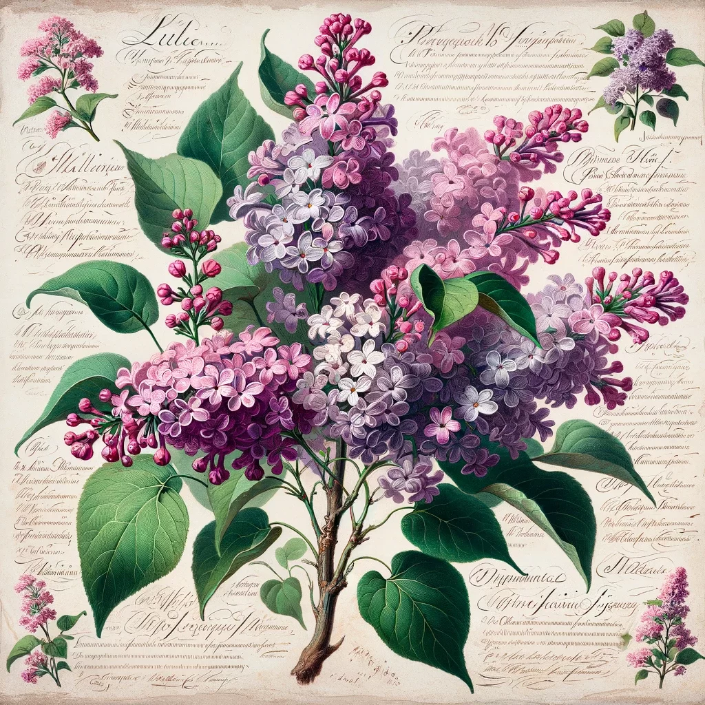 A widescreen vintage botanical illustration of a lilac, with detailed clusters of blooms and heart-shaped leaves, in the style of 18th and 19th-century botanical books. Include fine textures of petals and leaves, showing colors from light purple to deep violet. Add handwritten notes around the illustration, detailing the medicinal properties of lilac, such as its use in traditional remedies for fever and parasitic infections. The background should be simple to highlight the lilac and notes.
